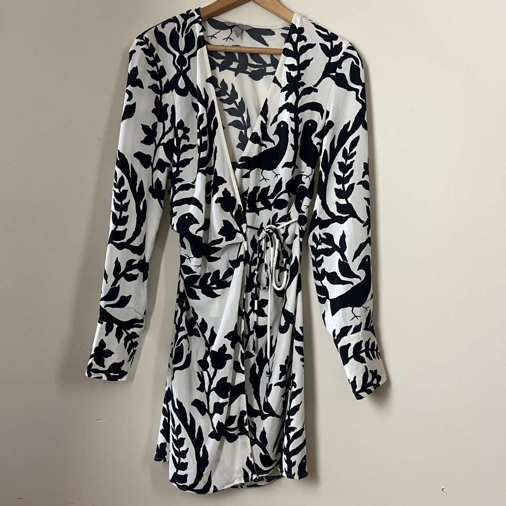 H&M Bird Botanical Wrap Mini Dress Black White Long Sleeve XS Damask Print